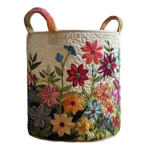 Quilted Laundry Basket with Handles, Large Soft Fabric Storage Hamper for Clothes, Toys & Blankets, Boho Floral Collapsible Basket for Nursery, Bedroom, Laundry Room - color: Colflower, size: S-14x18In