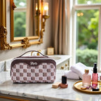 BOYATU Travel Makeup Bag for Women: Large Cosmetic Bag Set of 3 - PU Leather Make up Bag with Compartments - Compact Waterproof Toiletry Bag with Divider & Handle (D-3-Brown) - color: D-3-Brown
