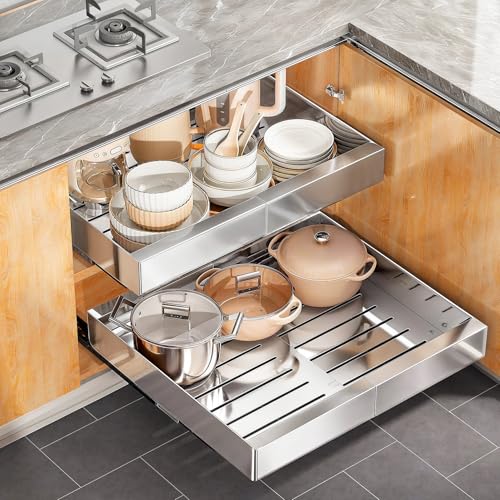 Pull out Cabinet Organizer, Stainless Steel Expandable(12"-20") Heavy Duty Slide out Drawers Fixed with Adhesive Nano Film for Pots, Roll out Shelf Storage for Kitchen Base(Silver-2pcs)(3 Rails) - color: Silver, size: 21"D×12"-20"W(2 Pack)