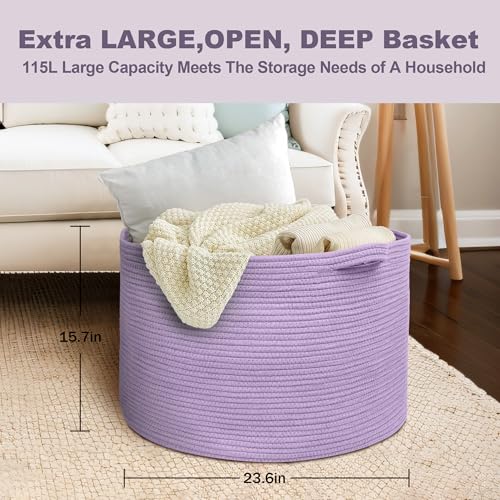 MEGASKET 115L Extra Large Purple Storage Basket, 23.6" X 15.7" Jumbo Woven Cotton Rope Bin for Throw Blankets Pillows, Baby Laundry Basket, Dirty Clothes Organizer, Big Storage Box for Toys, Towels - color: Purple, size: 23.6"x23.6"x15.7"