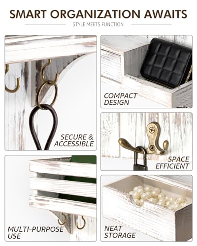 Rebee Vision Farmhouse Key Holder Wall Mount with Mini Drawer Organizer - Decorative Mail Organizer with 9 Key Hooks & Shelf - Ideal Apartment Essentials for Home Decor (Whitewash) - color: Whitewash, style: Small Drawer