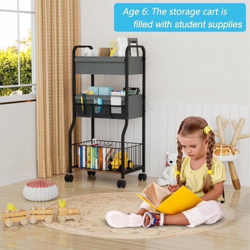 3-tier Baby Diaper Caddy Organizer and Storage Cart with 4+3 Dividers, Metal Utility Cart with Lockable Wheels for Nursery, Bedroom, Bathroom, Black - color: Black
