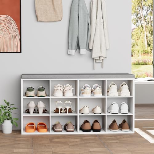 Aenuert 12-Cubby Shoe Rack with Cushion, 3-Tier Wood Shoe Organizer, Multifunctional Shoe Organizer Bench for Entryway, Mudroom, Hallway, Closet,36.22 * 11.81 * 17.7 Inch, White - color: White Cushion, size: 12-cube 3-tier