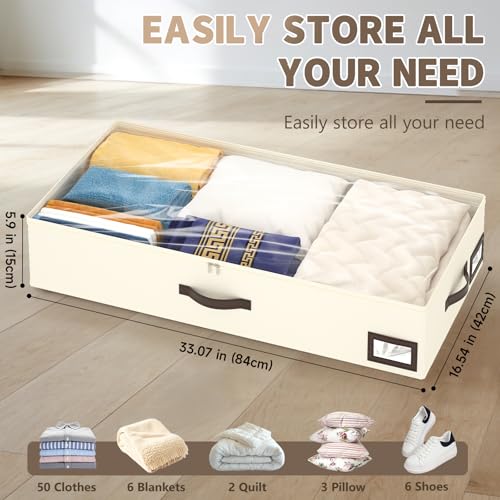 OIAHOMY 2 Pack Under Bed Storage with 4 Compression Bags, Underbed Organizers for Bedroom & Closet, Fits Beds Higher than 5.9", Space-Saving for Seasonal Clothes, Blankets & Shoes - Beige - color: Beige, size: 33.07" x 16.54" x 5.9"