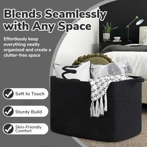 Goodpick Large Woven Storage Basket, 105L Extra Large Blanket Basket for Living Room, Bedroom, Rectangle Cotton Rope Organizer for Toy Storage, 25”x16”x16”, Black - color: Black, size: XX-Large(25"L x 16"W x 16"H)