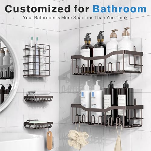 EUDELE 5-Pack Rustproof Stainless Steel Shower Caddy Set– No Drill Adhesive Bathroom Organizer, Space-Saving Shower Shelves for Apartment Essentials, Bathroom/Kitchen Storage Home Decor-L Size - color: Dark Brown-5pcs