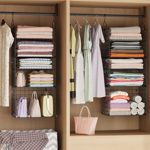 X-cosrack Closet Hanging Organizer Shelves - 5 Tier Wardrobe Organizers and Storage Bin, Hanging Organizer Shelves, Clothes Shelf with Adjustable Dividers for Bedroom Closet Sweater Shoes Handbag - color: Black, size: Large