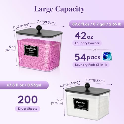 Lifewit 3 Pcs Laundry Pods Container with Bamboo Lid, Dryer Sheet Holder, Laundry Room Organization for Washing Powder, Scent Booster Beads, 2600 +2000ml/0.53+0.7gal - color: Black, size: 0.53+0.7gal