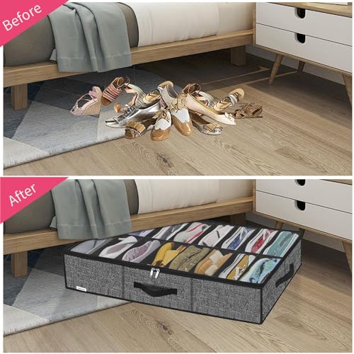 Onlyeasy Sturdy Under Bed Shoe Storage Organizer Fit 8 to 16 Pairs, Collapsible Closet Underbed Shoes Container Bags with Reinforced Handles, 37.7x23.6x5.9in, Linen-like Black, MXAUBS16P1 - color: Linen-like Black 1 Shoes (16 Cells)