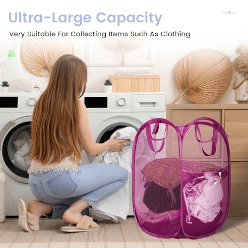 HOUSE AGAIN 2 Pcs Pop Up Laundry Hamper, Strong Mesh Laundry Baskets Collapsible, Hamper with Handles and Side Pocket, Portable Foldable Dirty Clothes for Dorm, Laundry room and Travel Storage, Pink - color: Pink, size: 2-Pack