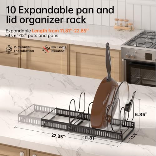 MUDEELA Pots and Pans Organizer Rack for under Cabinet, Expandable Pot Lid Kitchen Cabinet Organizer Holder with 10 Adjustable Compartment Cutting Board Organizer for Pan Lid Cookie Sheet Rack, Bronze - style: 10 Dividers-Bronze