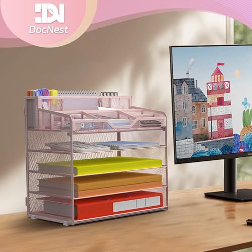 Docnest 5 Tier Mesh Desk Organizer for Paper Office Supplies – Multi-Functional Letter Tray with 5 Adjustable Compartments, 3 Pen Holders, Desktop Storage for Files, Mail, Stationery – Pink - color: Pink, size: 12.7" x 9.1" x 13.2"