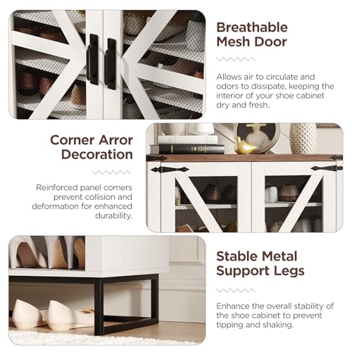 Maupvit 42.1" Farmhouse Shoe Cabinet with Ventilated Mesh Doors, 6-Tier Shoe Storage Cabinet with Adjustable Shelves & Metal Legs, Rustic Wooden Shoe Rack Organizer for Entryway, Hallway, Foyer, White - color: White
