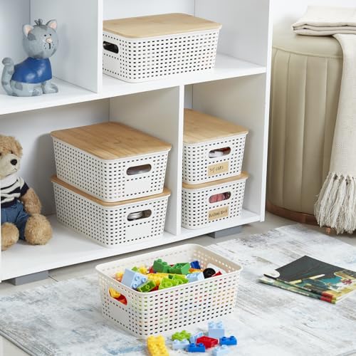 Bagnizer Small Plastic Storage Bins with Bamboo Lids 5.2qt Stackable Box Basket Pantry Decorative Containers Cute with Labels for Organizing Desktop Closet Office Cream White of 6 packs 10*7.2*4.1" - color: Cream White, size: Small- 6 Pack