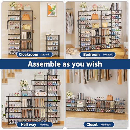 Ekisemio Large Shoe Rack Organizer for Entryway Closet 72-80 Pairs 10-Tier Heavy Duty Tall Garage Shoe Rack Shoe Shelf Shoes Storage with Removable Side Hooks for Bedroom and Garage, Black - size: 4 Row 10 Tiers