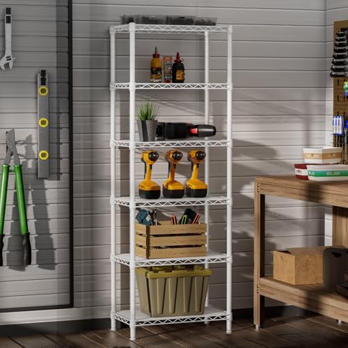 SINGAYE 6 Small Wire Shelves Kitchen Pantry Close Home Organizers and Storage Bathroom Shelf Laundry Room Organization Adjustable Book Metal Garage Shelving Unit - color: White, size: 6-Tier 9.92"D X 15.72"W X 60."H