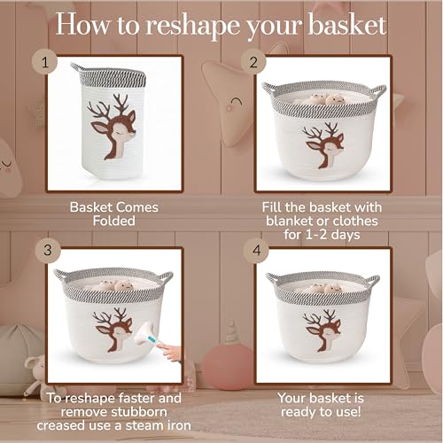 Deer Storage Basket for Nursery – Large 15”x11” Cotton Rope Bin with Soft Felt Animal Patch – Toy Organizer, Baby Laundry Hamper, Diaper & Towel Holder – Foldable, Washable & Baby-Safe - color: Deer
