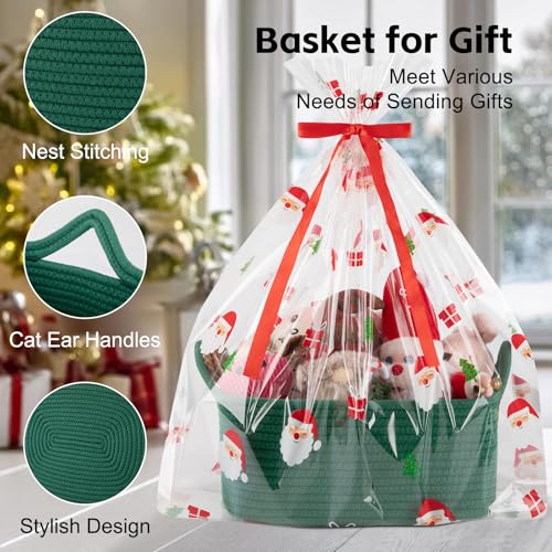 OIAHOMY Woven Basket, Gift Basket Empty with Gift Bags and Ribbons, Rope Baskets for Baby Showers, Storage Baskets with Handles for Nursery, Pet Toy Organizer - Christmas Green - color: Christmas Green, size: Medium: 13.5L*10W*6H
