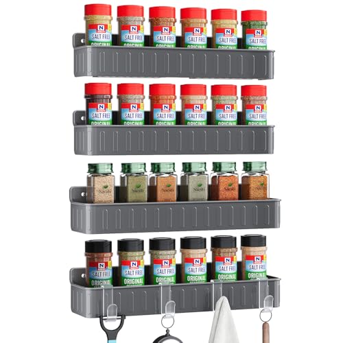 Nieifi Spice Rack Wall Mount, Spice Organizer for Spice Jars, Screw or Adhesive Hanging Organizer for Kitchen Cabinet or Pantry Door, 4 Pack, Grey, ABS Plastic - color: Grey