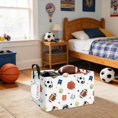 FANKANG Storage Bins,Nursery Hamper Canvas Laundry Basket Foldable with Waterproof PE Coating Storage Baskets for Boys and Girls, Office, Bedroom, Clothes,Toys(Rec-3D Sports Balls ） - color: Rec-3D Sports Balls
