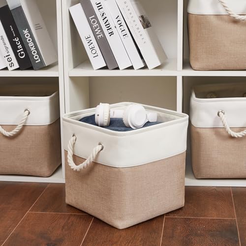 11 x 11 Inch Storage Cubes, 6 Pack Large Collapsible Fabric Storage Bin with Ropes, Foldable Storage Cubes for Home, Office,Closet, Clothes, Toys Organizer (White&Beige) - color: White&Beige, size: Cube - 11 x 11 x 11 inches (6 Pack)