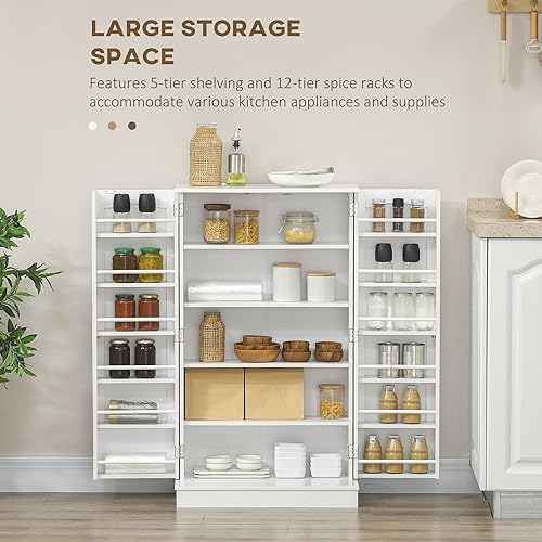 HOMCOM 41" Kitchen Pantry Storage Cabinet, Freestanding Kitchen Cabinet with 12 Door Shelves, Double Doors, 5-Tier Shelving and Adjustable Shelves, White - color: White, size: 41"H