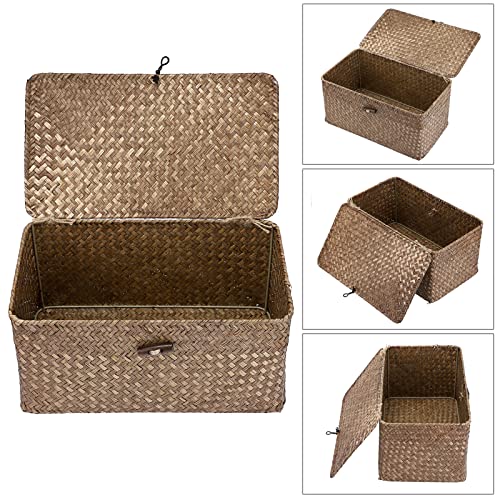 Sumnacon Wicker Basket with Lid Rectangle Woven Baskets for Toiletries Tampon Storage,Wicker Storage Basket with Lid,Decorative Seagrass Storage Baskets for Shelf Bathroom Toilet Table, Coffee - color: Coffee, size: Medium