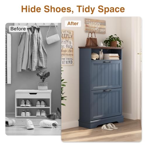 Shoe Storage Cabinet with 2 Flip Drawers, 24" W Farmhouse Modern Hidden Shoes Rack with Adjustable Shelves & Open Storage, Narrow Slim Shoe Organizer for Front Door Entrance, Entryway, Navy Blue - color: Navy Blue, size: 2-Drawers