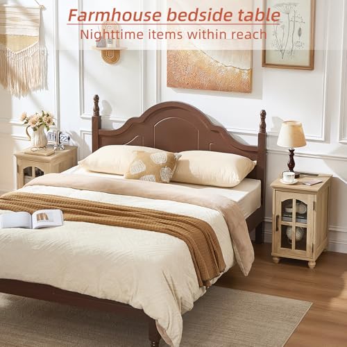 Narrow Side Table,Farmhouse Nightstand with Charging Station,Wood End Table with Glass Barn Door Storage, Cabinet Organizer with Adjustable Shelf, Night Stand for Small Spaces for Living Room Bedroom - color: Natural Wood, size: Set 1