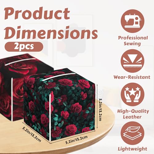 Tissue Box Cover - Red Rose Flower Tissue Holder,Modern Floral Square Tissue Box Holder Leather Facial Paper Case Modern Home Decoration for Bathroom Kitchen Bedroom Night Stands, 2 Pcs - color: Red Rose Flower