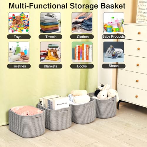 ICERZCZ Small Storage Baskets for Shelves Organizing, Woven Cotton Rope Baskets for Storage, Book Basket, Decorative Shelf Basket, 12.5"Lx9.1''Wx7.9''H (4 Packs) Grey - color: Grey, size: 12.5"(l)×9.1"(w)×7.9"(h)