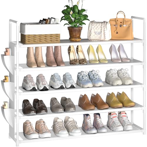 OYREL 5 Tier Shoe Organizer, 33.3in Wide x 11.2in Deep x 35.6in Tall, Black Metal and Plastic Shoe Rack with Side Bag, Holds 20-25 Pairs of Shoes - color: White, size: 5 Tier