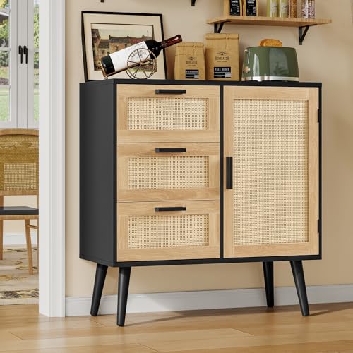 Iwell Storage Cabinet with Rattan Door & 3 Drawers, Rattan Cabinet with Adjustable Shelf, Sideboard Buffet Cabinets with Storage, Entryway Cabinets, for Living Room, Dining Room, Entryway, Black - color: Natural + Black, 3 Drawers