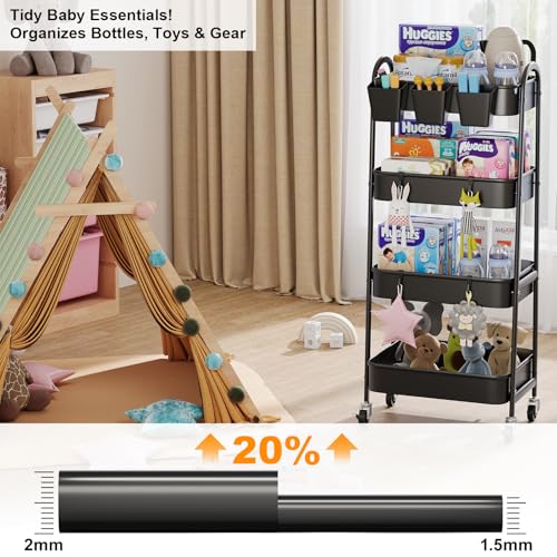 Black 4 Tier Rolling Cart Metal with Lockable Wheels, Four Tiered Tall Storage Rolling Cart on Wheels, Heavy Duty Utility Organizer Carts for Laundry, Kitchen, Dorm, Craft, Art, Snack,Mesh Basket,38in - color: Matte Black, size: 4 tier