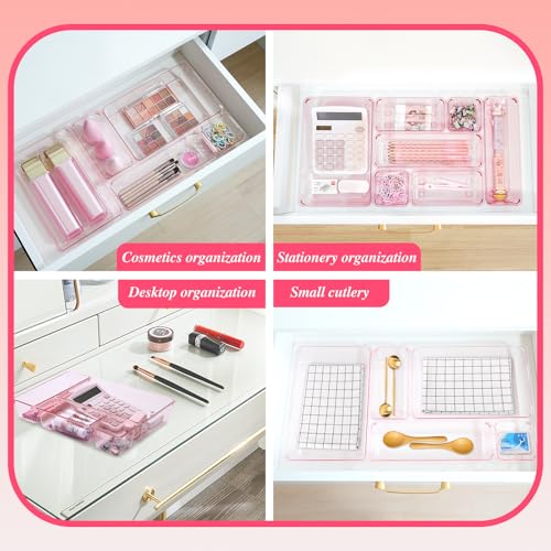 Kitchen Desk Drawer Organizers Storage for Office, Small Acrylic Vanity Trays Makeup Organizer for Drawer Bathroom Plastic Make up Organizers 25 Pcs Pink - color: Pink