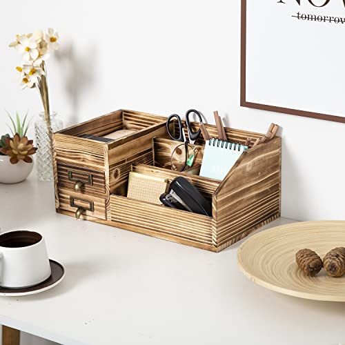 Distressed Rustic Wooden Office Desktop Drawers Organizer Wood Shelf Tabletop Home Organizer Storage with Multiple Compartments,perfect Jewelry storage Display Box for Desk, Vanity (Dark Brown) - color: Dark Brown