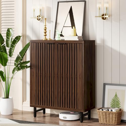 Tribesigns 6-Tier Shoe Cabinet with Shutter Doors, Large Wooden Shoe Organizer Rack with Adjustable Shelves, Modern Farmhouse Hidden Storage Furniture for Entryway, Hallway (Dark Walnut) - color: Dark Walnut