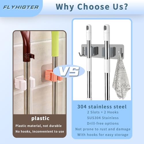 Broom and Mop Holder Wall Mounted, Heavy-Duty Stainless Steel Storage Rack with 2 Racks & 2 Hooks,Broom Organizer for Kitchen,Bathroom,Garage,Garden（SILVER - color: SILVER-2 Racks2 Hooks