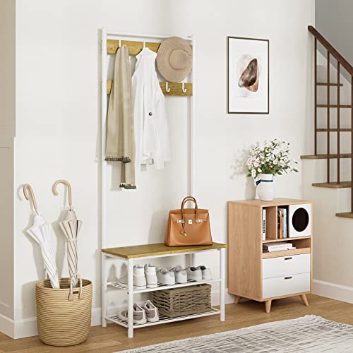 Hall Tree with Bench and Shoe Storage, 3-in-1 Coat Rack Shoe Bench, Freestanding Wooden Coat Rack with Metal Frame, 3-Tier Storage Shelf and 9 Removable Hooks, White/Walnut - color: 1.white Hall Tree