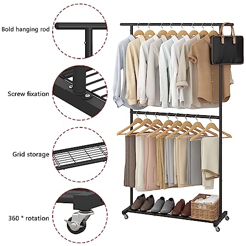 Sywhitta Double Rod Clothing Garment Rack, Rolling Coat Hanger with Bottom Mesh, Clothing Rack for Hanging Clothes, Coats, Skirts, Sweaters, Black - color: Black, size: With mesh