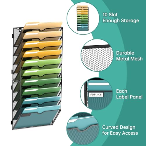 SUPEASY 10 Tier Wall File Organizer, Hanging Wall Mounted Mail Organizer with Label Slots, Metal Mesh File Holder Magazine Rack for Office, Home, School or Classroom, Black - color: Black, size: 10-Tier