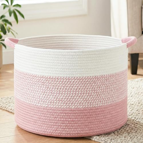 Artfeel 40L Large Cotton Rope Basket, Decorative Woven Blanket Storage for Living Room, Boho Toy Storage & Toy Box for Kids, Versatile Laundry Basket & Nursery Hamper for Blankets(Pink) - color: Pink, size: 40L
