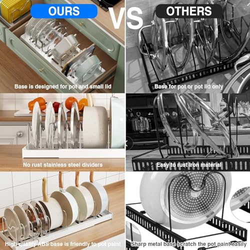 Mustorn Pots and Pans Organizer Under Cabinet, 22" Expandable Food Storage Container Lid Organizers with 9 Adjustable Dividers Pot and Pan Lid Holders Rack Inside Cabinet/Countertop(1 Pack, White) - color: White(Expandable), size: 1 Pack