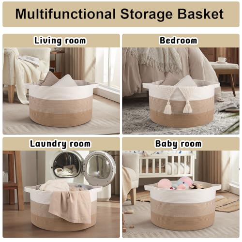 OIAHOMY 90L Blanket Basket for Living Room, Large Basket 23" x 23" x 13" with Handle, Laundry Hamper for Blankets, Pillows, Toy Storage for Kids, Dogs - Gardient Light Brown - color: Gardient Light Brown, size: 23" x 23" x 13"