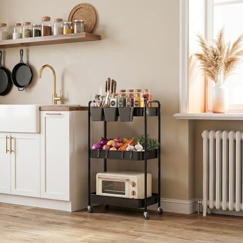 JAQ Makeup Carts, 3-Tier Metal Rolling Utility Storage Organizer Cart Shelf with Wheels for Craft Office Supplies Diapper Snack in Bathroom Kitchen Laundry Classroom Dorm -(3-Tier,Black - color: Black/3-tier, size: Need Assembly