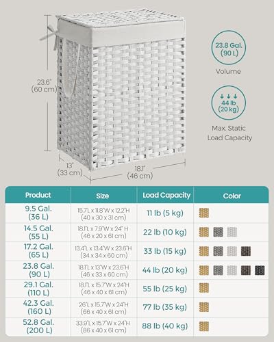 SONGMICS Laundry Hamper with Lid, 23.8 Gallon (90 L) Synthetic Rattan Clothes Laundry Basket with Lid and Handles, Foldable, Removable Liner, Cloud White ULCB51WT - color: Cloud White, size: 90 L
