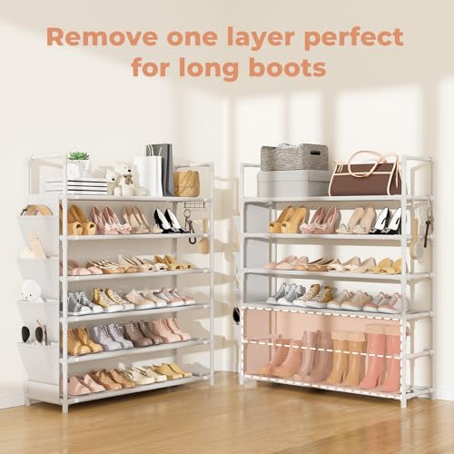 LANTEFUL 6 Tier Shoe Rack Storage for 24-30 Pairs Shoe and Boot, Shoe Organizer with Hook and Side Pocket Free Standing Long Shoe Shelf Tall Shoe Rack Organizer for Closet, Entryway, Dorm, White - color: White