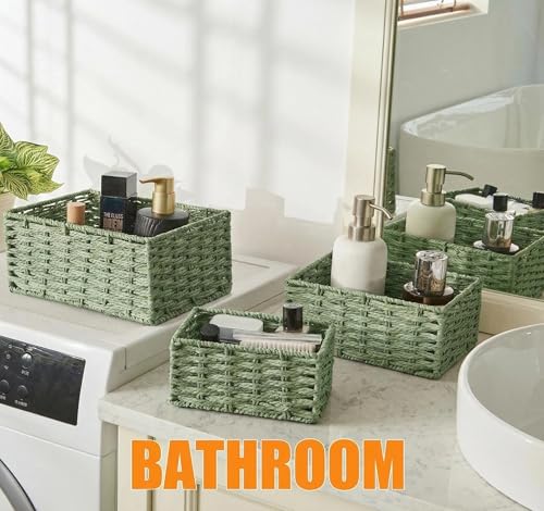 Small Wicker Basket for Organizing, Woven Storage Basket Set of 3 - Handwoven Natural Paper Rope Baskets to Declutter Any Room, Perfect for Organizing and Home Decor (Green) - color: Green