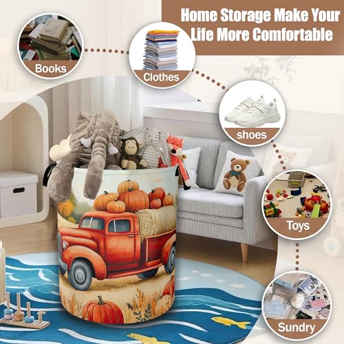 Happy Fall Laundry Hamper,Thanksgiving Day Red Truck and Pumpkin Laundry Baskets,Waterproof Oxford Cloth Toy Storage for Bedroom,Bathroom,Nursery,16x20.8 Inch - color: Happy Fall,Thanksgiving Day Red Truck and Pumpkin