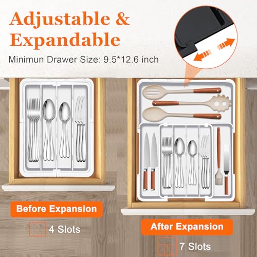 Spaclear Silverware Organizer Extra Deep - Expandable Utensil Drawer Organizer, 19 x 15 Inch Silverware Tray for Kitchen Drawer with 7 Slots, Adjustable Cutlery Tray for Spoons Forks Knives, White - color: White, size: M(9.5-15.2"w x 12.6-19"d)